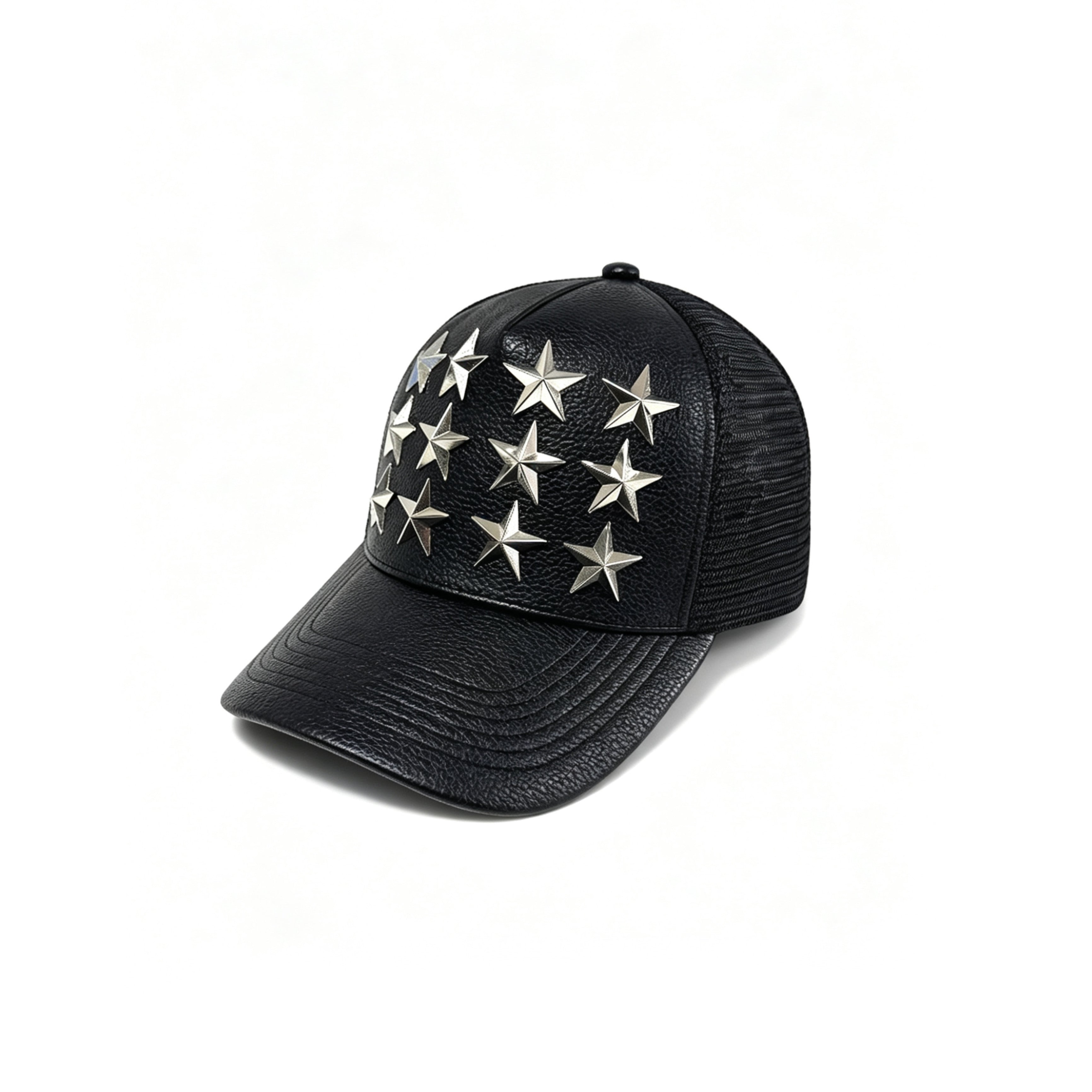 Five-Pointed Star Rivet Pebbled Leather Curved Brim Trucker Cap – Unisex