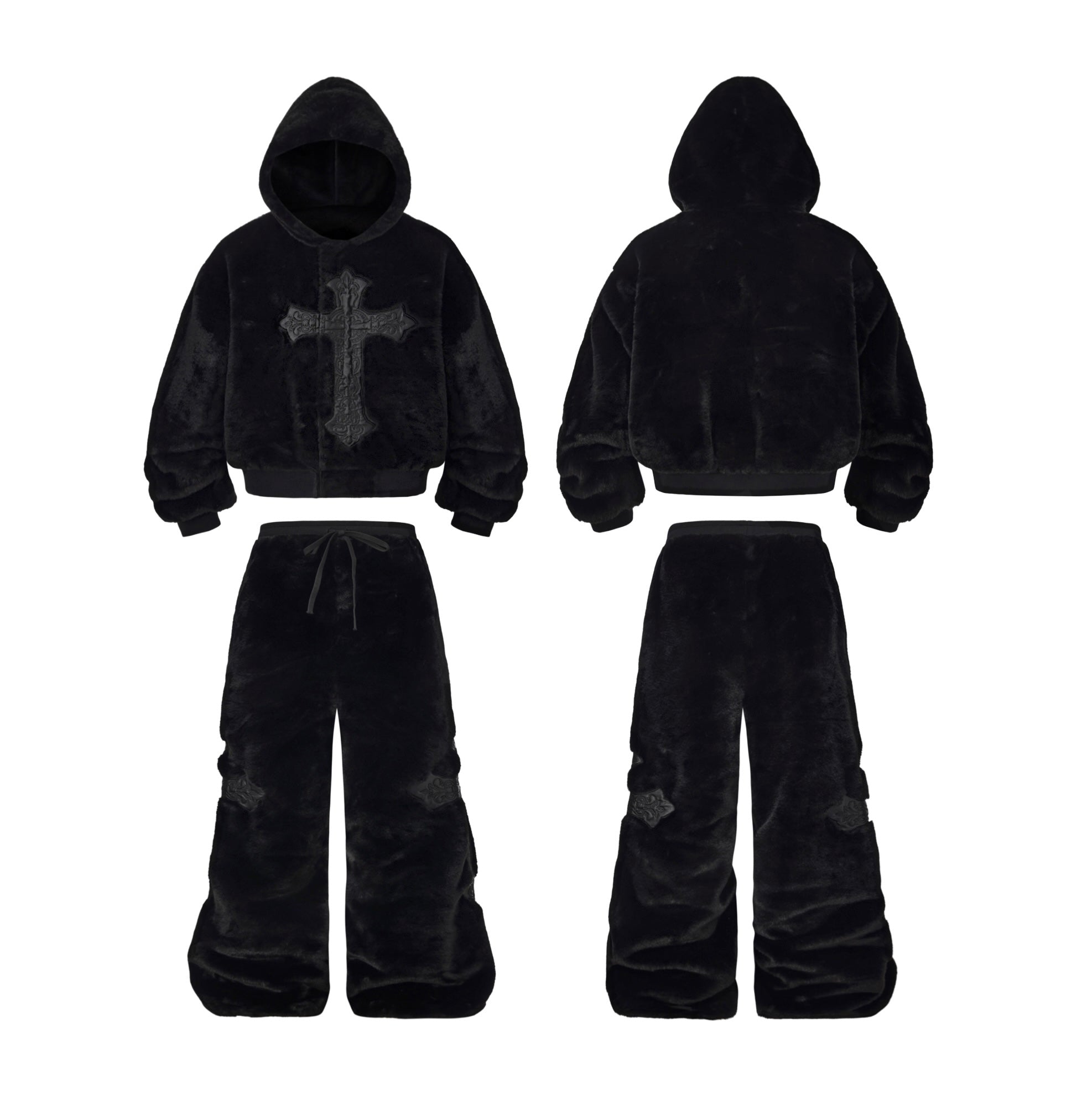 Warm Double-Sided Fleece & Leather Patchwork Cross Faux Rabbit Fur Set (Unisex)