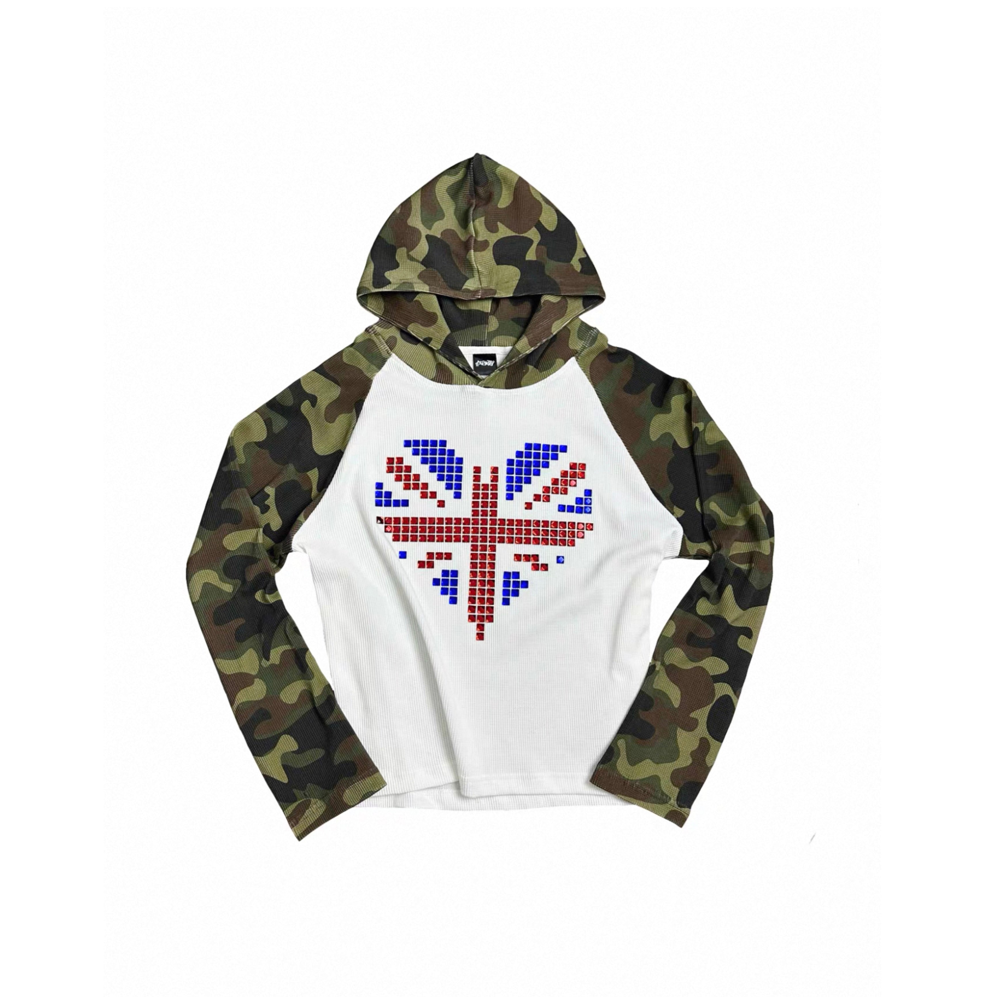 Camouflage Union Jack Square Rhinestone Hooded Waffle Raglan Long Sleeve Top – Unisex