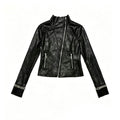 High-Neck Jacket with Shiny Cracked Suede, Silver Foil Diagonal Zipper Placket, and Rivets