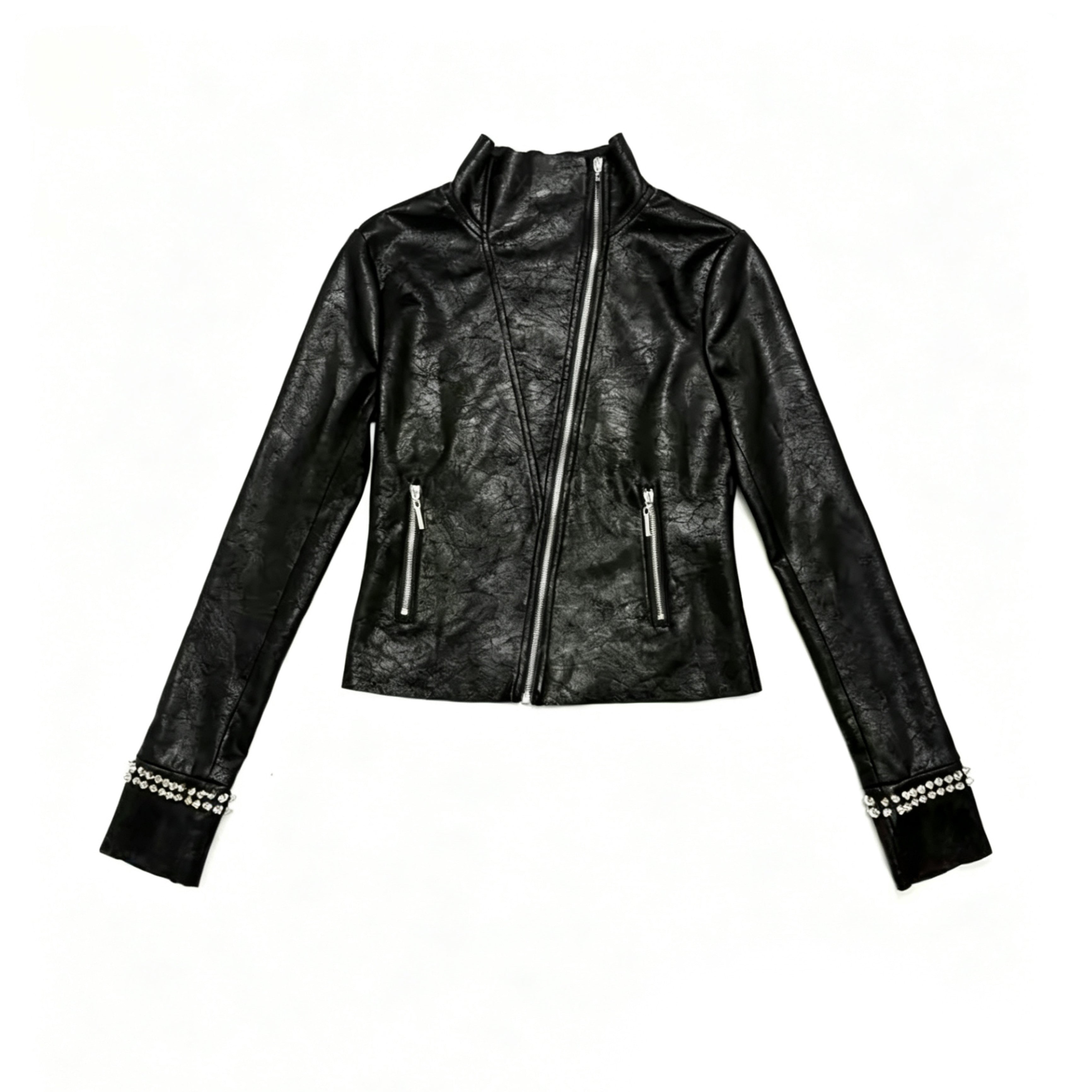 High-Neck Jacket with Shiny Cracked Suede, Silver Foil Diagonal Zipper Placket, and Rivets