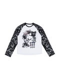 Black-White Contrast Long-Sleeve Crew Tee with Shadow Polka Dot Raglan Sleeves