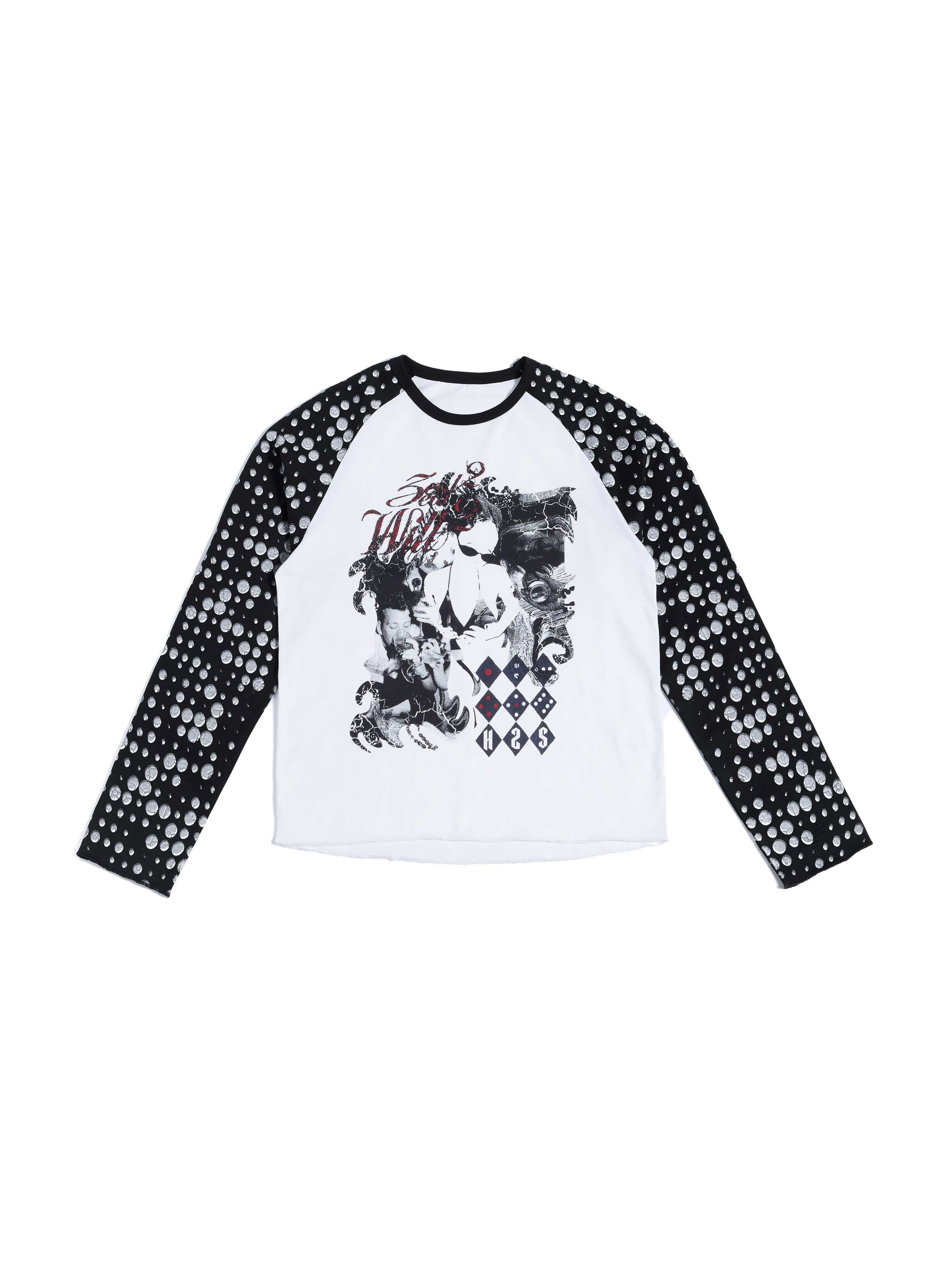 Black-White Contrast Long-Sleeve Crew Tee with Shadow Polka Dot Raglan Sleeves