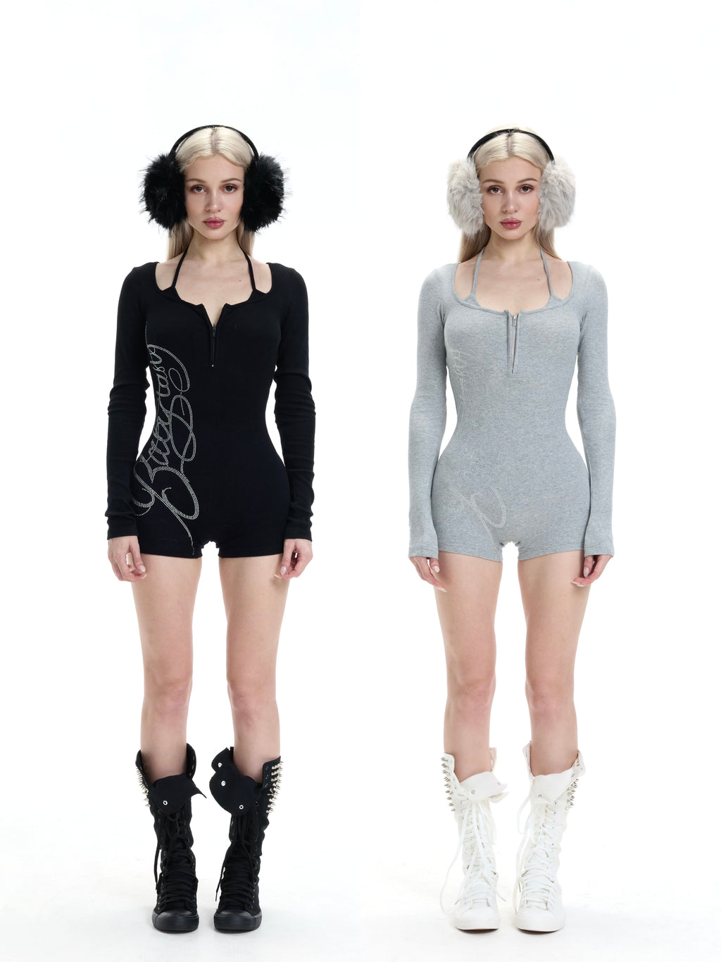Hot Girl Knit Jumpsuit – Illusion Two-Piece Design, Incredibly Slimming with Large Rhinestones (One-Piece Set)