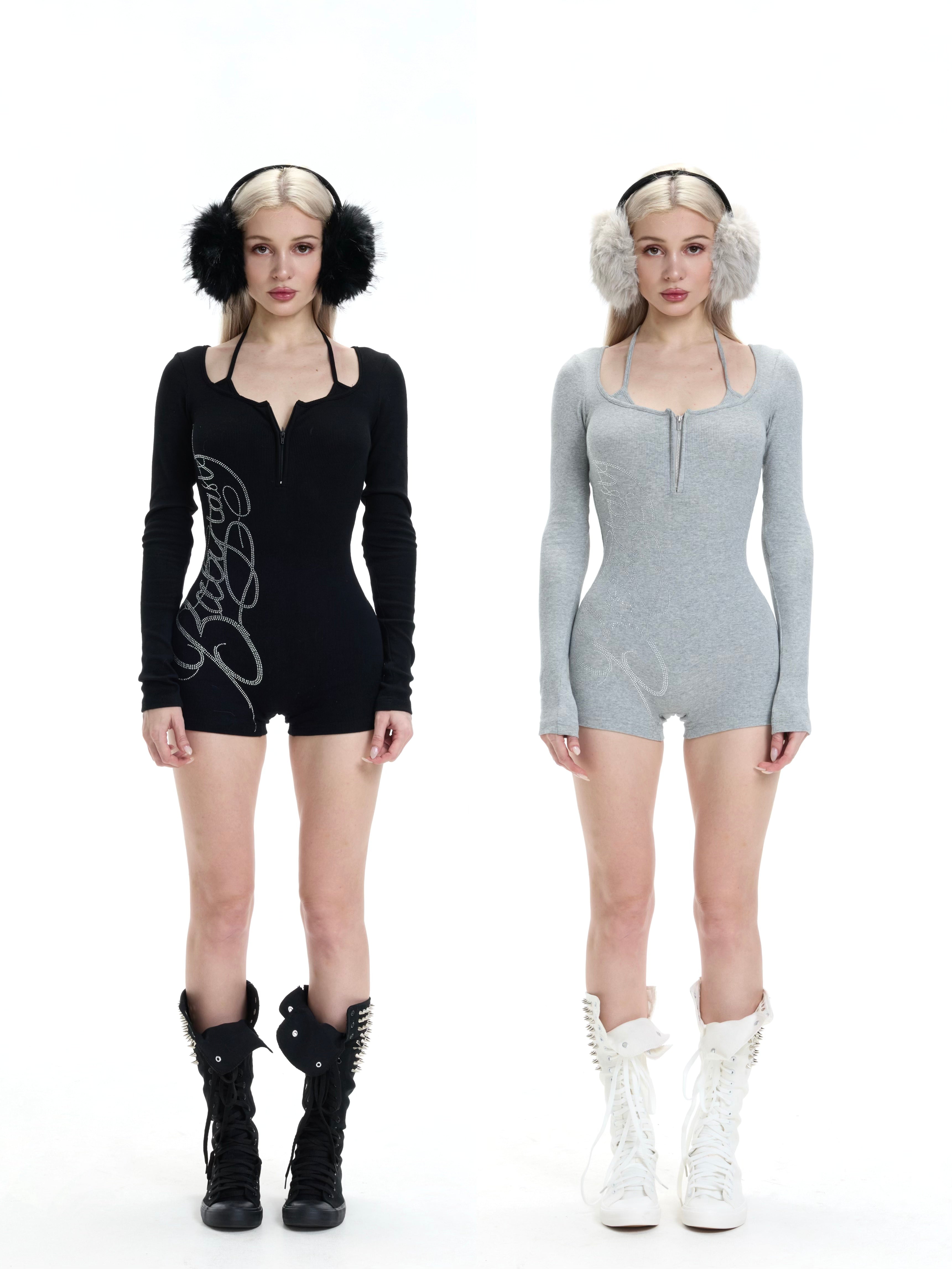 Hot Girl Knit Jumpsuit – Illusion Two-Piece Design, Incredibly Slimming with Large Rhinestones (One-Piece Set)