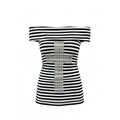 Original Subcultural Cross Studded Black & White Striped Off-Shoulder Slimming Crop Top