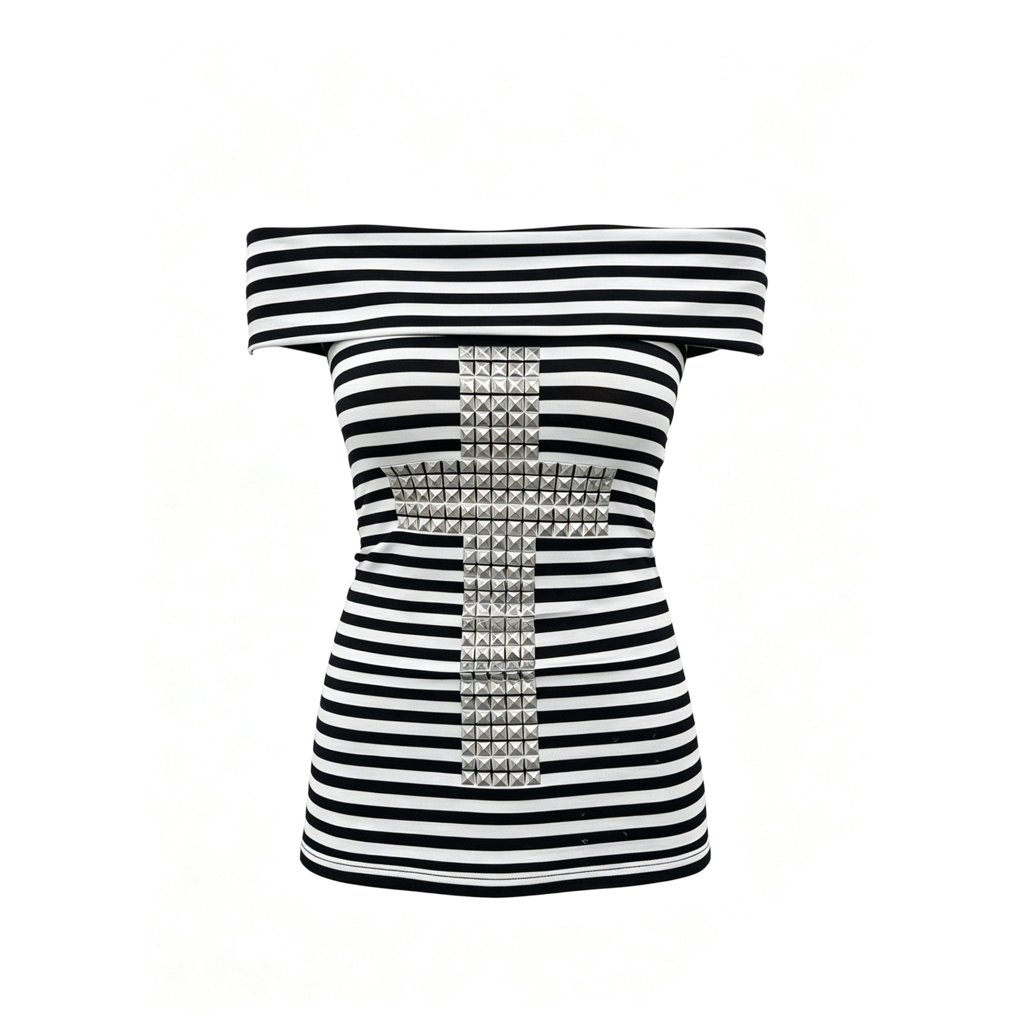 Original Subcultural Cross Studded Black & White Striped Off-Shoulder Slimming Crop Top
