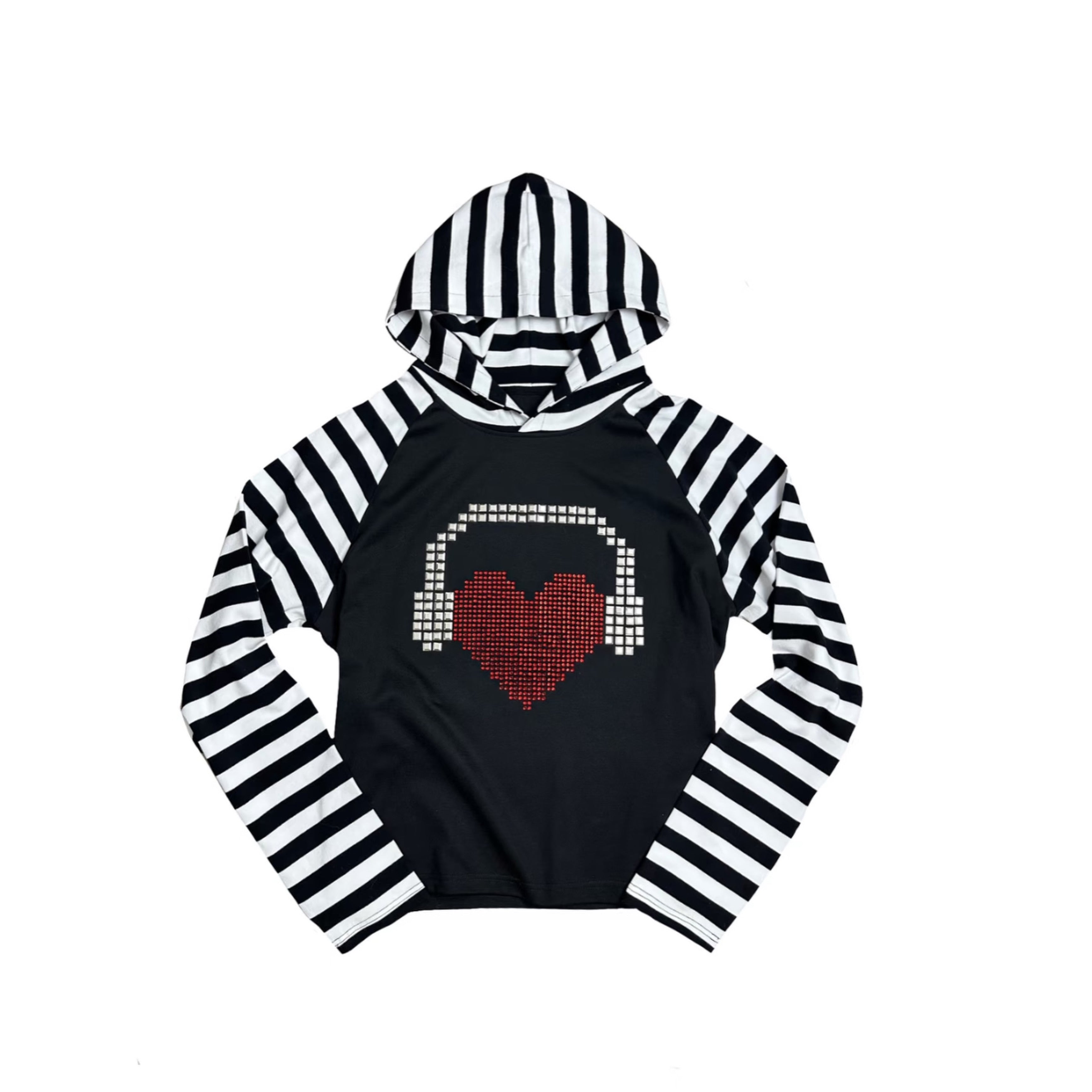 Subcultural Studded Headphone Striped Hooded Raglan Long Sleeve Top – Unisex