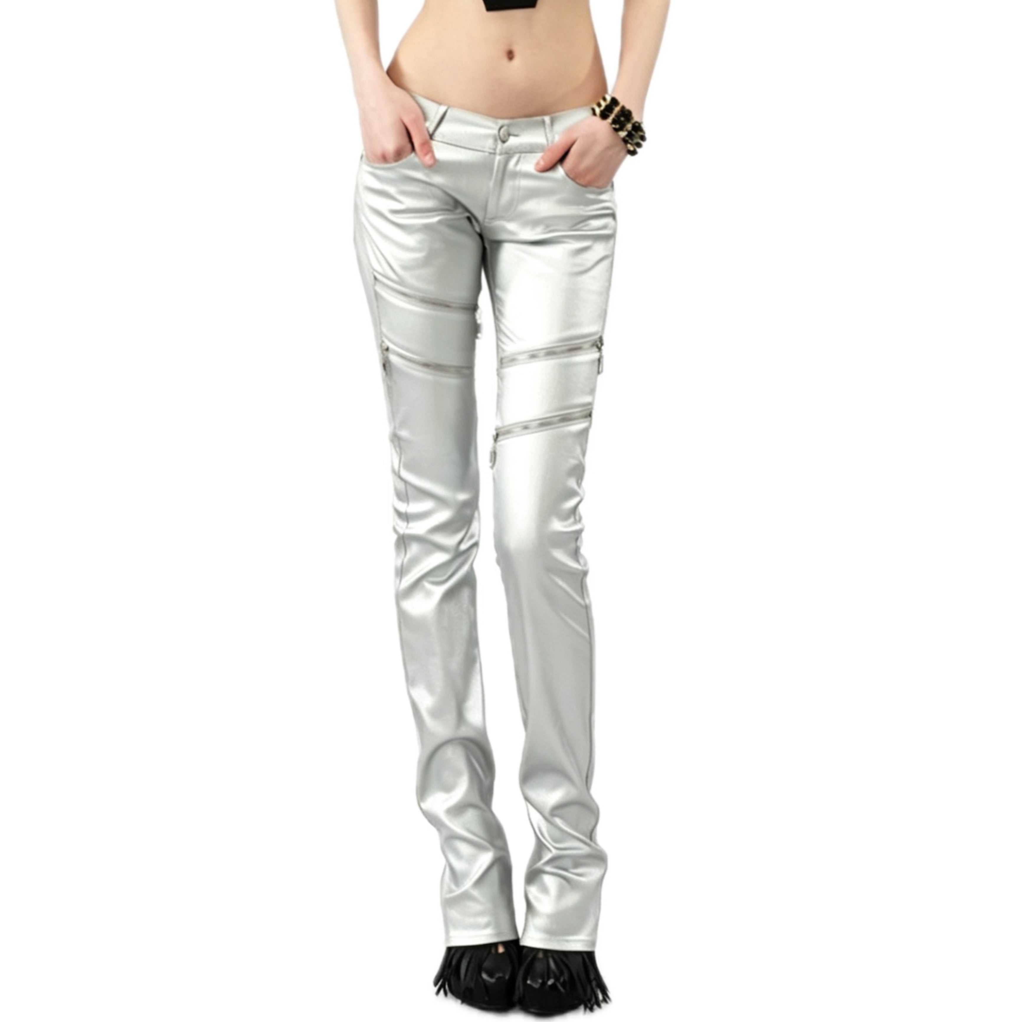 Black Coated Zipper Rivet Skinny Ultra Low-Rise Pants