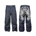 Royal Emblem Embroidery Straight Leg Raw Distressed Heavyweight Jeans – Unisex