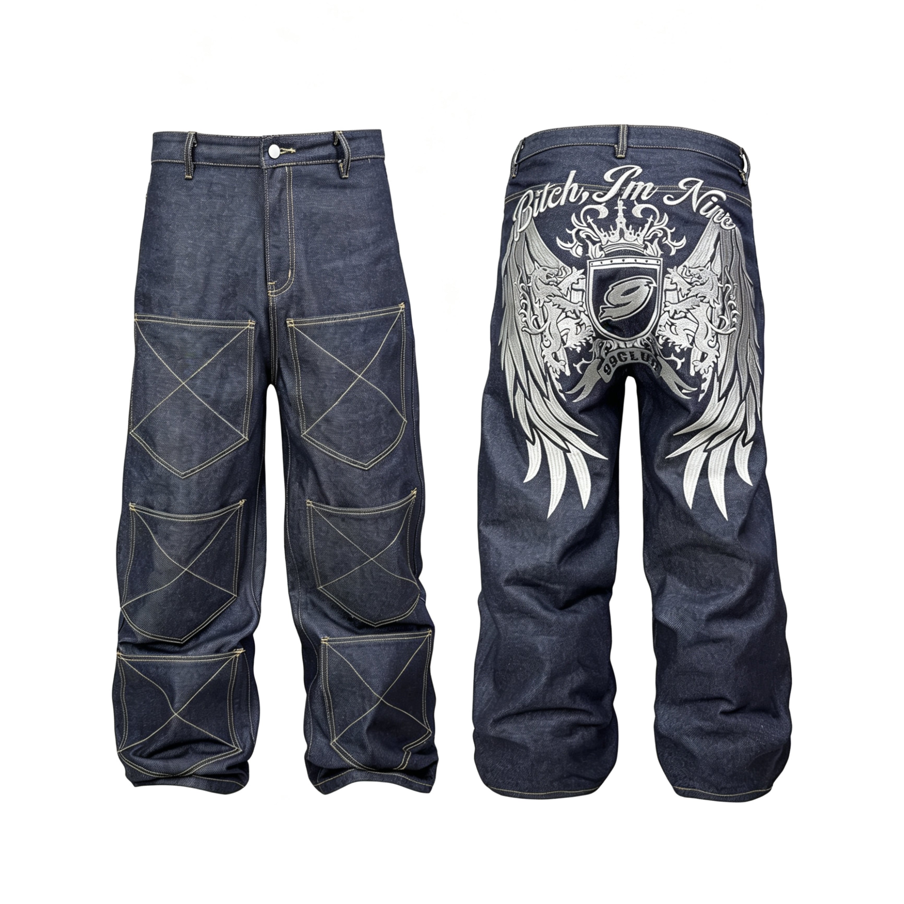 Royal Emblem Embroidery Straight Leg Raw Distressed Heavyweight Jeans – Unisex