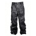 Five-Bar Wrinkled Crackle Leather Pants with Side Stripes