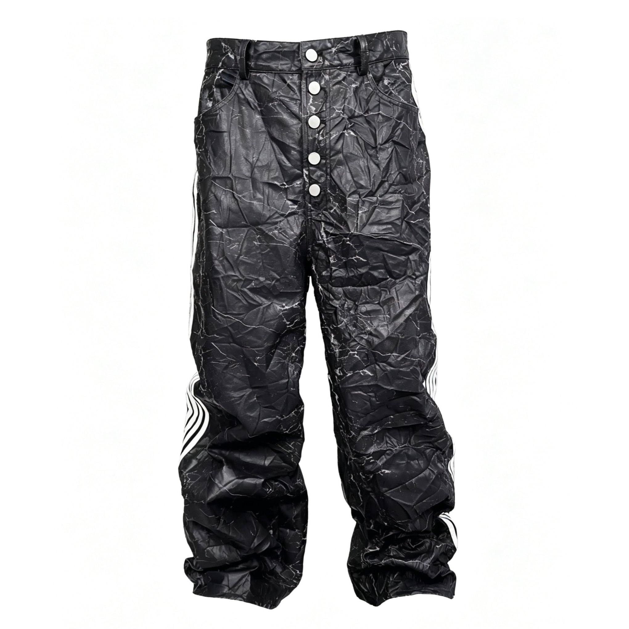 Five-Bar Wrinkled Crackle Leather Pants with Side Stripes