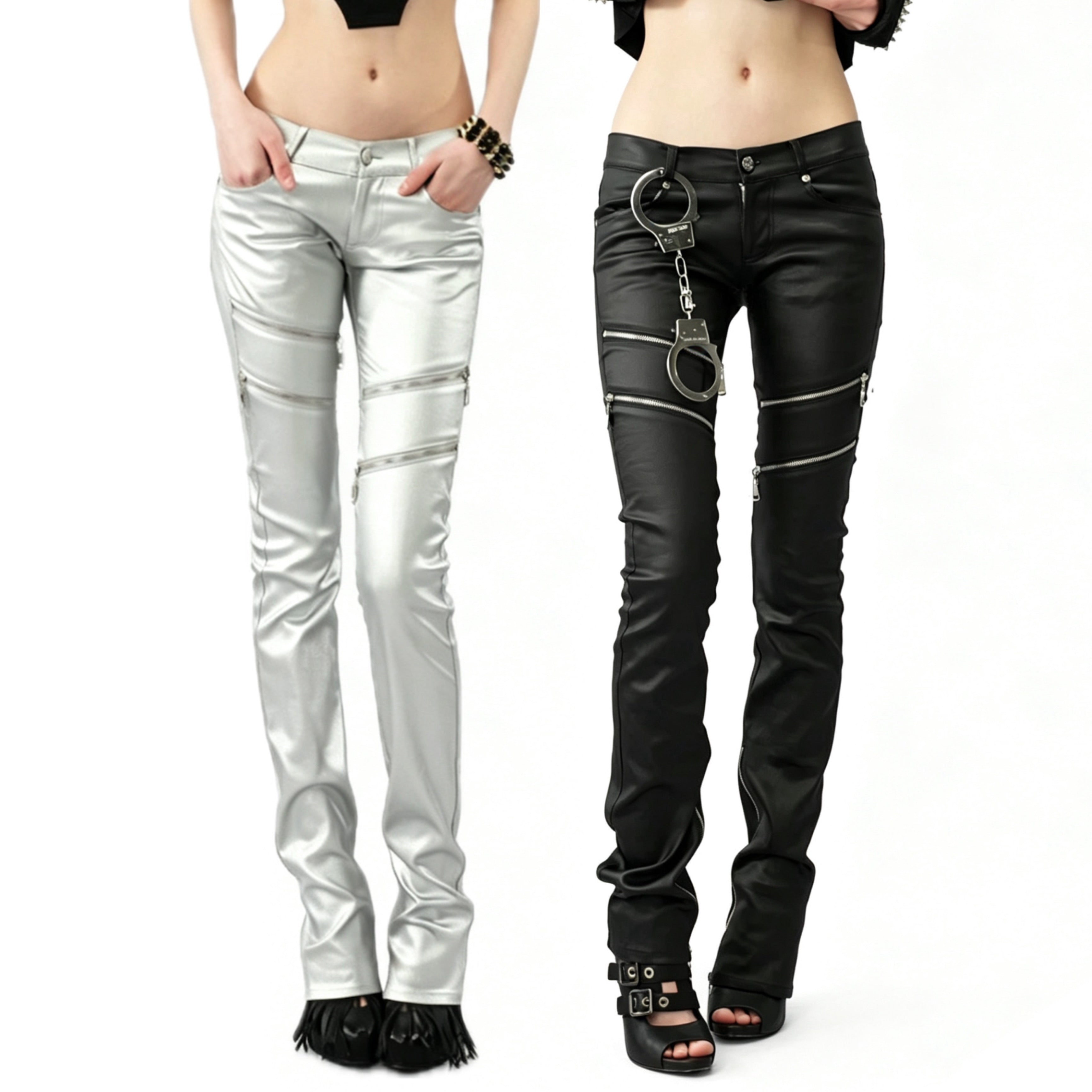 Black Coated Zipper Rivet Skinny Ultra Low-Rise Pants
