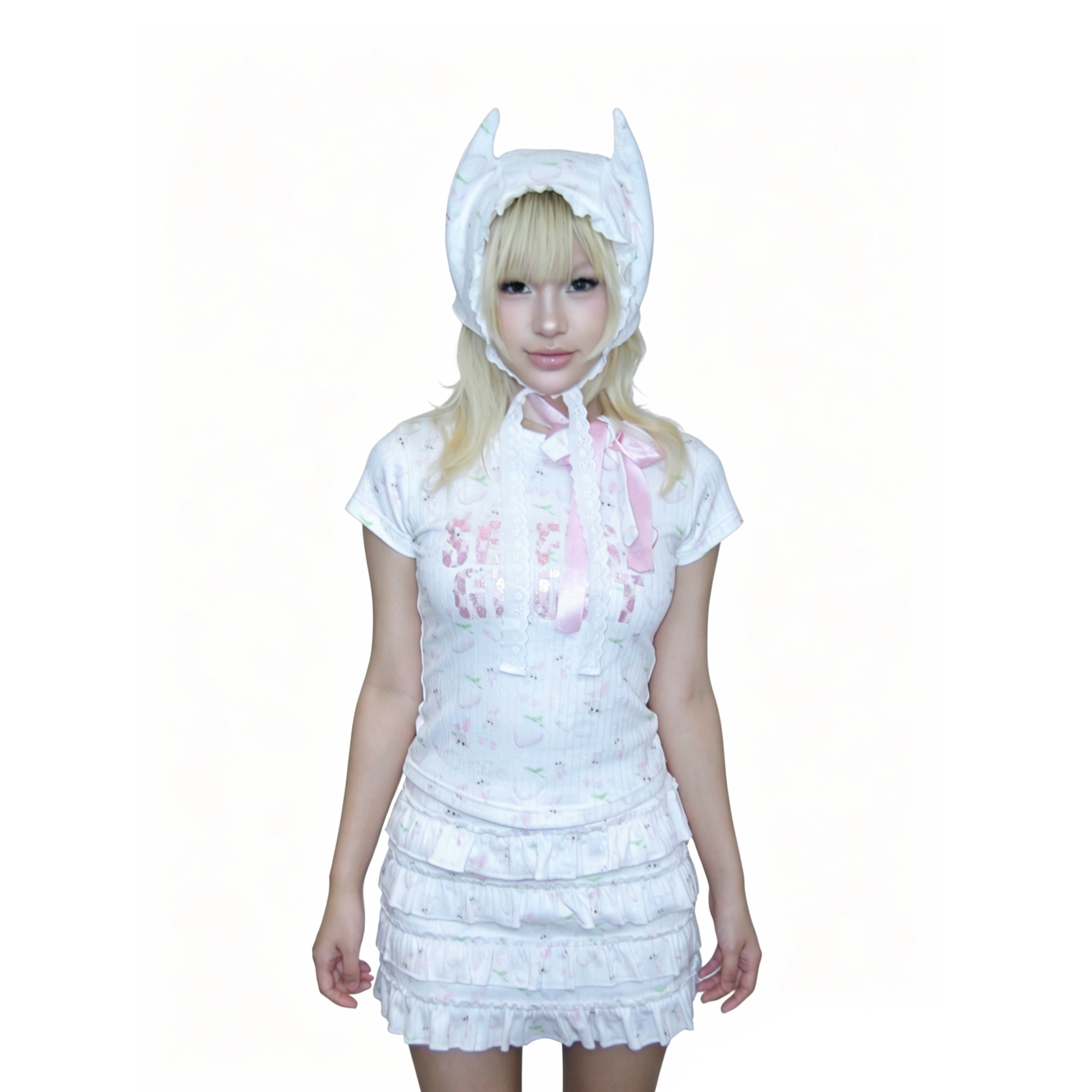 Original Rabbit Strawberry Japanese Sweet Cute Bow Short Sleeve Top + Skirt + Hat Set