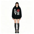 Ultra-Sparkly LOVE Large Iron-On Rhinestones Fleece-Lined Loose-Fit Black Hoodie