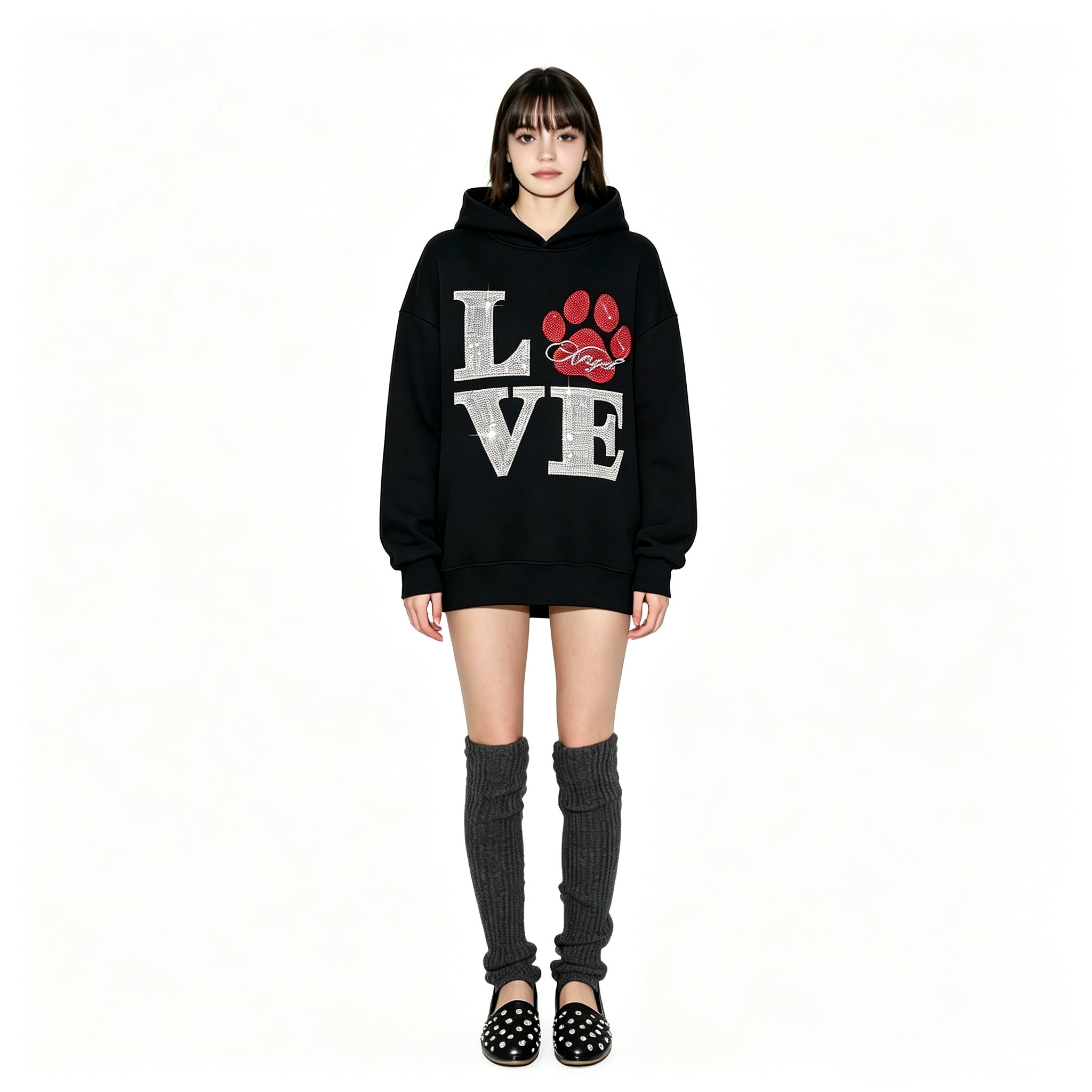 Ultra-Sparkly LOVE Large Iron-On Rhinestones Fleece-Lined Loose-Fit Black Hoodie
