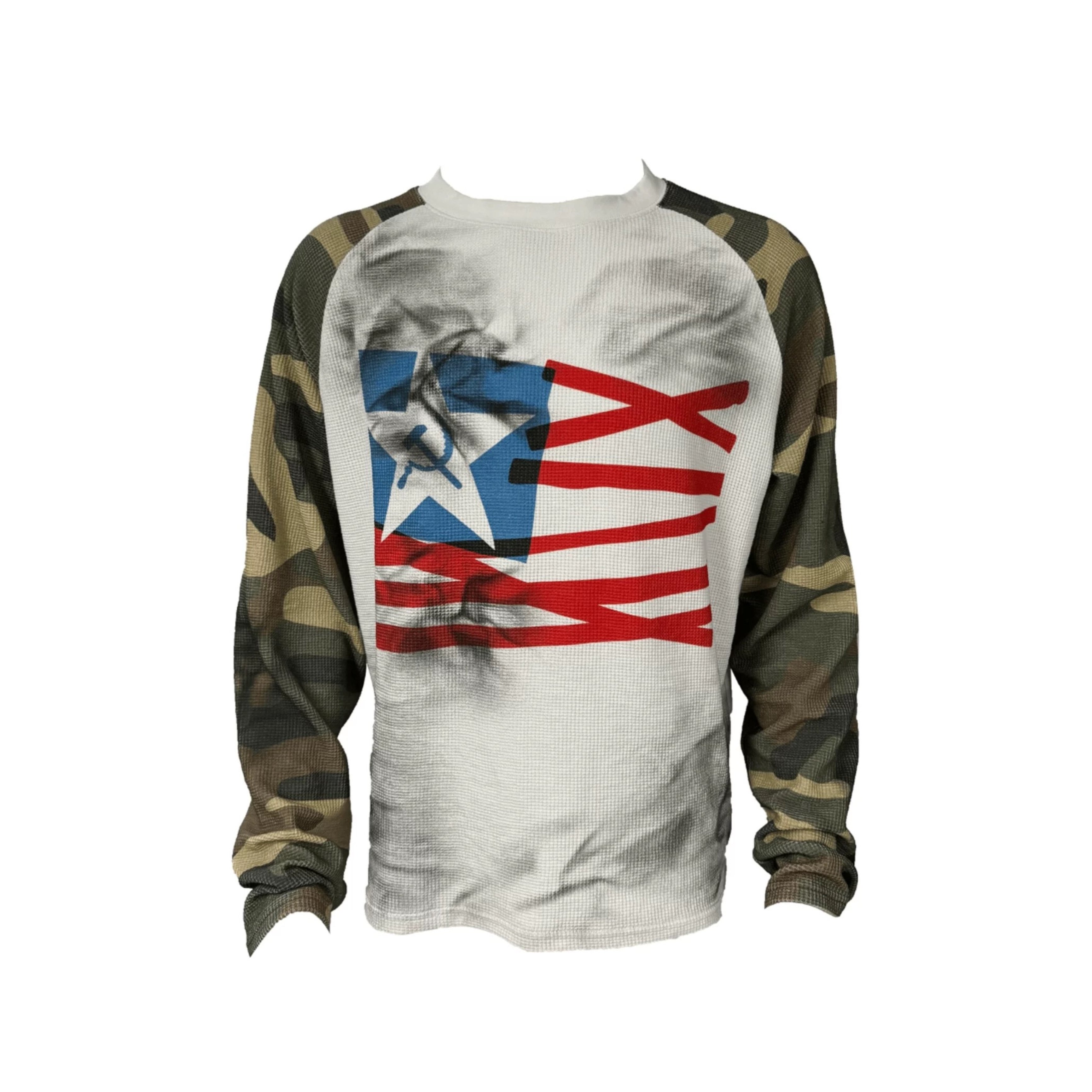 Camouflage Waffle-Knit Distressed Raglan Long Sleeve Top – Unisex