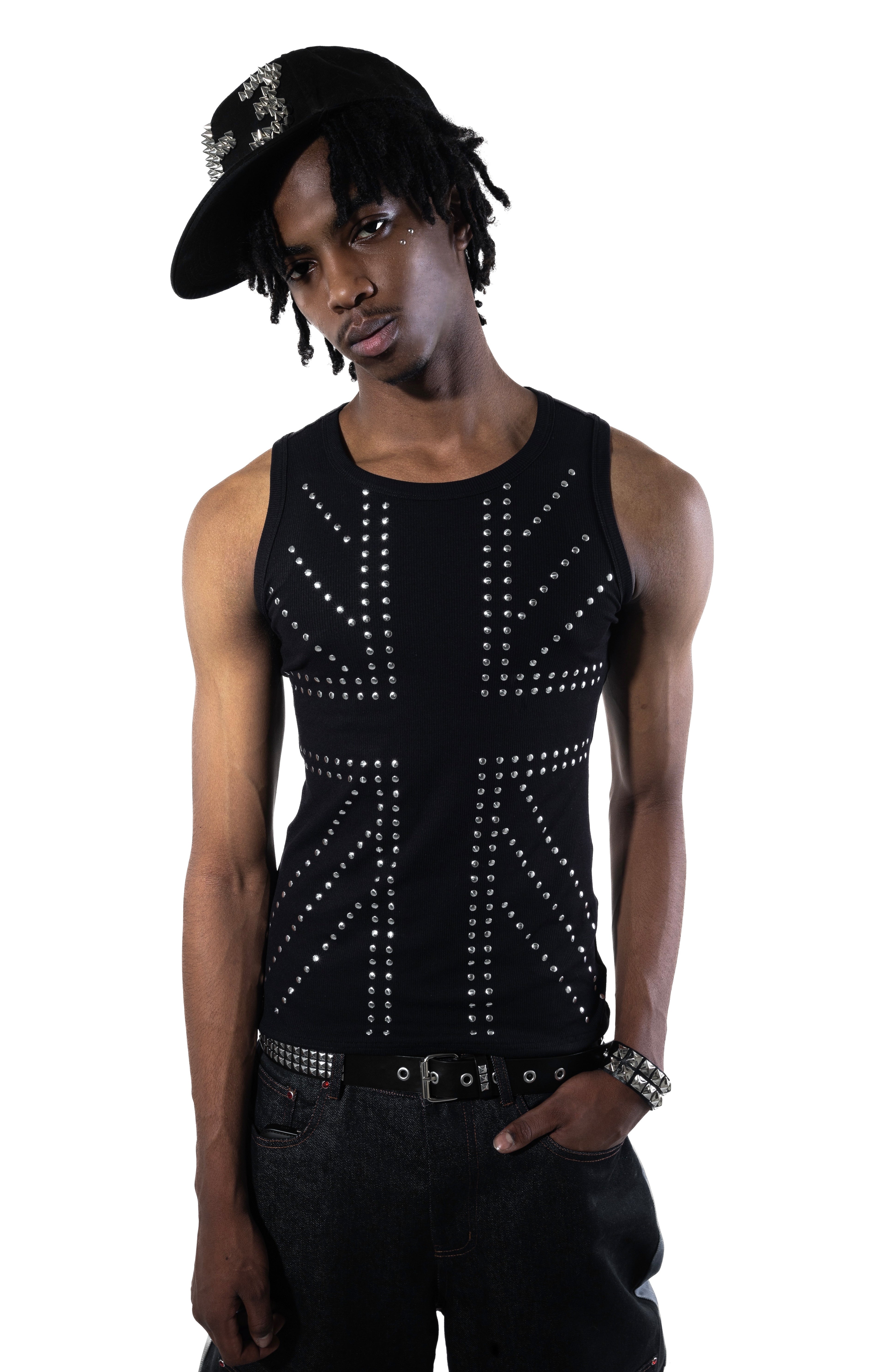 Unisex Ribbed Fitted Tank Top with Union Jack Print & Studs – Athletic Style