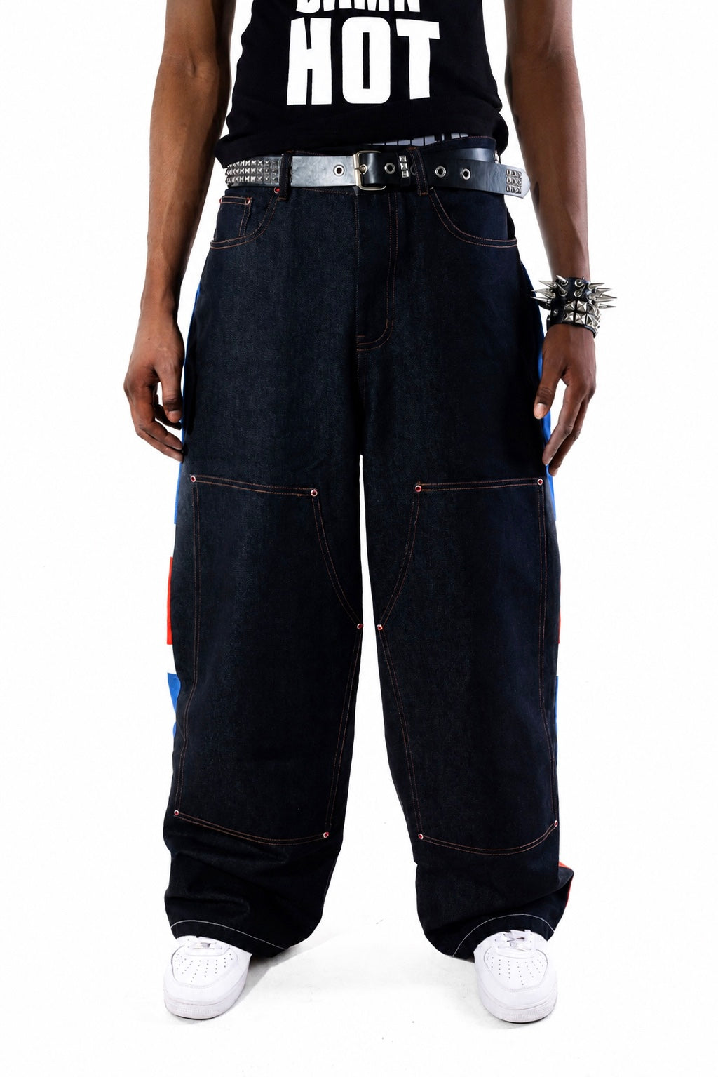 Relaxed Straight Raw Denim Logger Jeans, Double-Knee & Union Jack Print, Vintage Workwear Style
