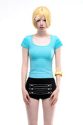 4-Color Mint-Toned Curved Square-Neck Fitted Short-Sleeve Top – Waist-Cinching & Slimming
