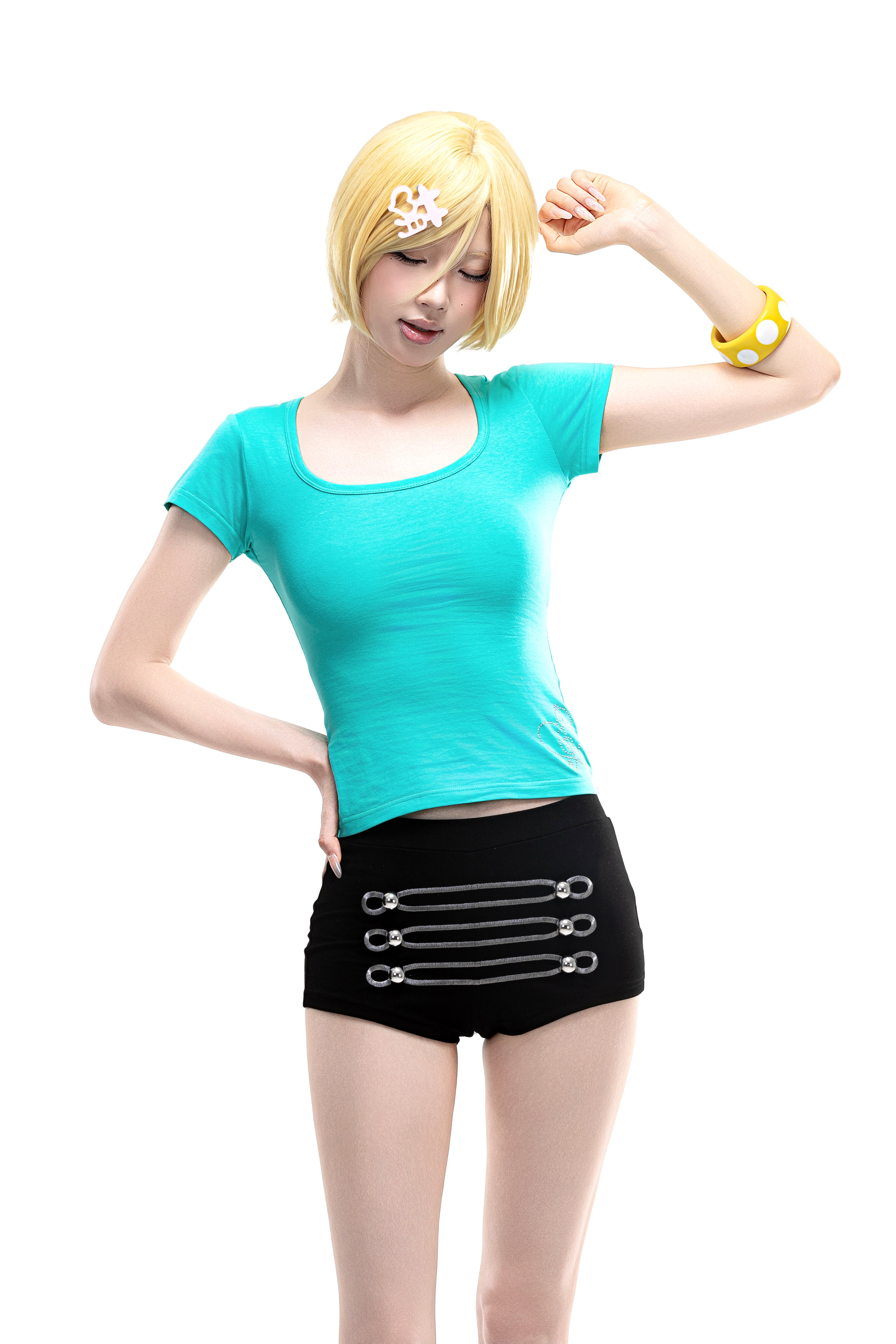 4-Color Mint-Toned Curved Square-Neck Fitted Short-Sleeve Top – Waist-Cinching & Slimming