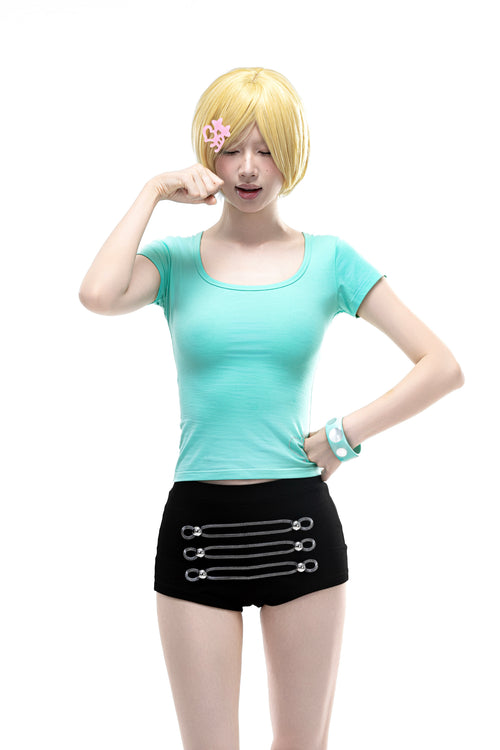 4-Color Mint-Toned Curved Square-Neck Fitted Short-Sleeve Top – Waist-Cinching & Slimming