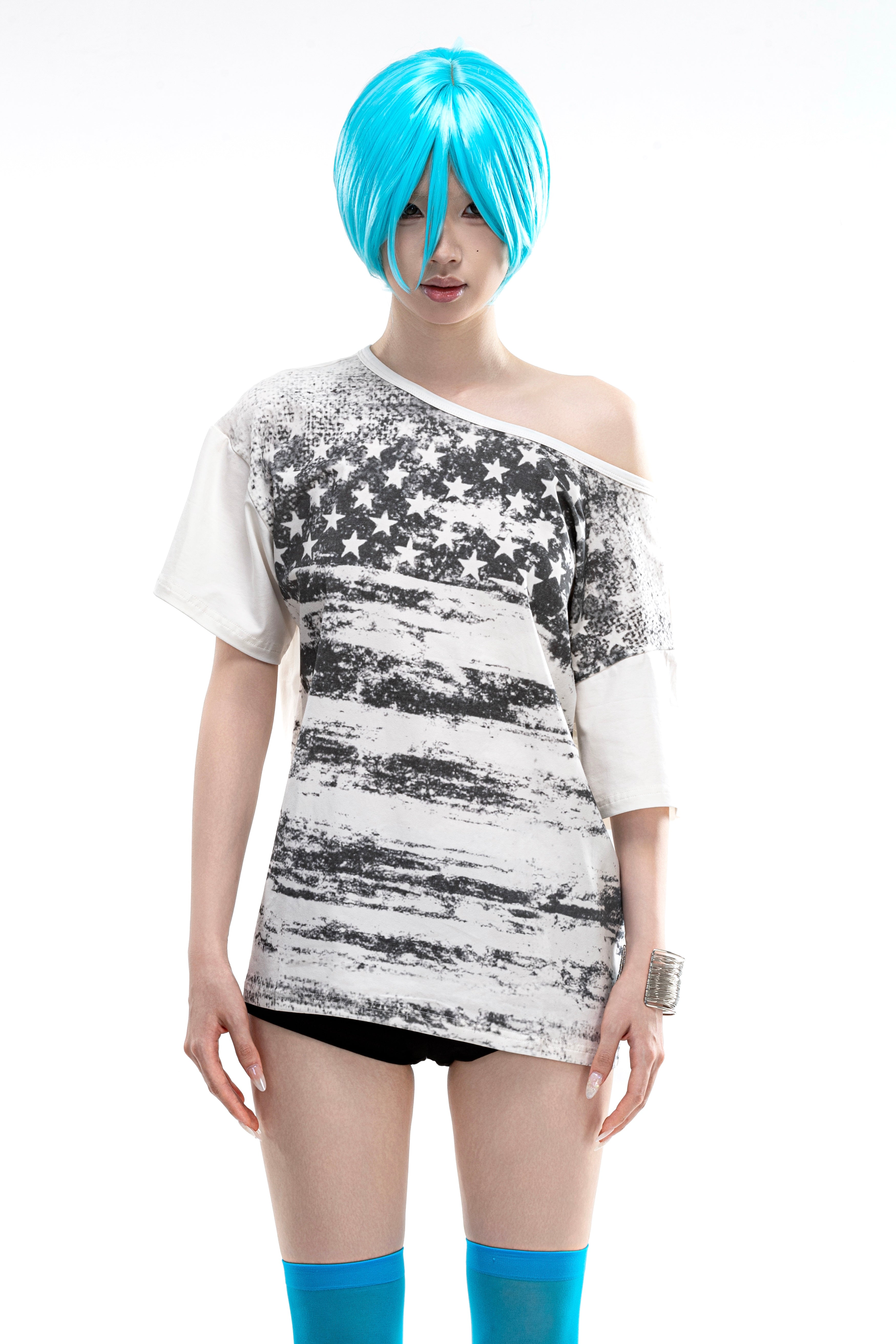 Vintage-Wash Star-Flag Print Oversized Drop-Shoulder Short-Sleeve Tee – Relaxed & Cozy
