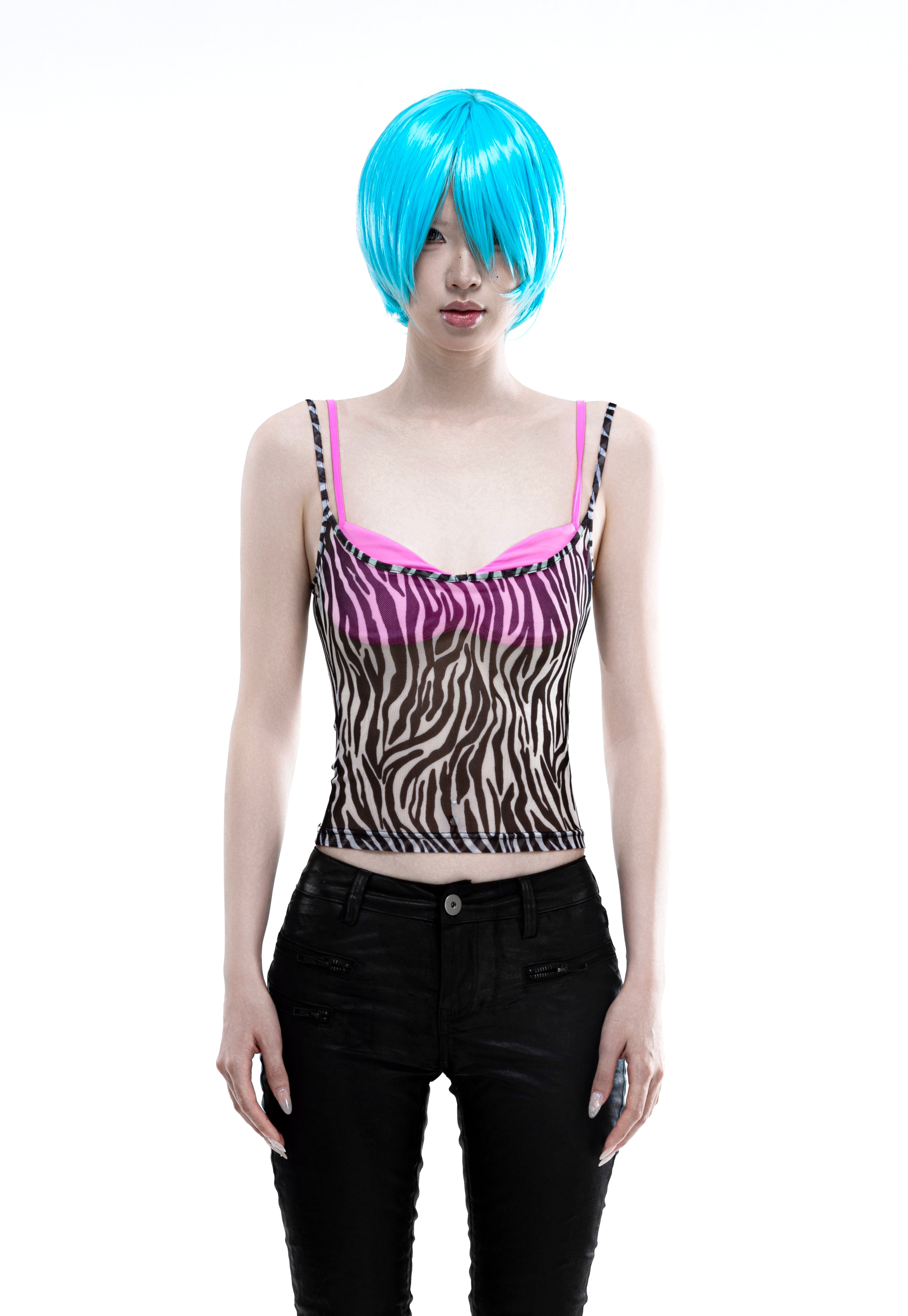 4-Color Patchwork Plunging Fake Two-Piece Punk Camisole