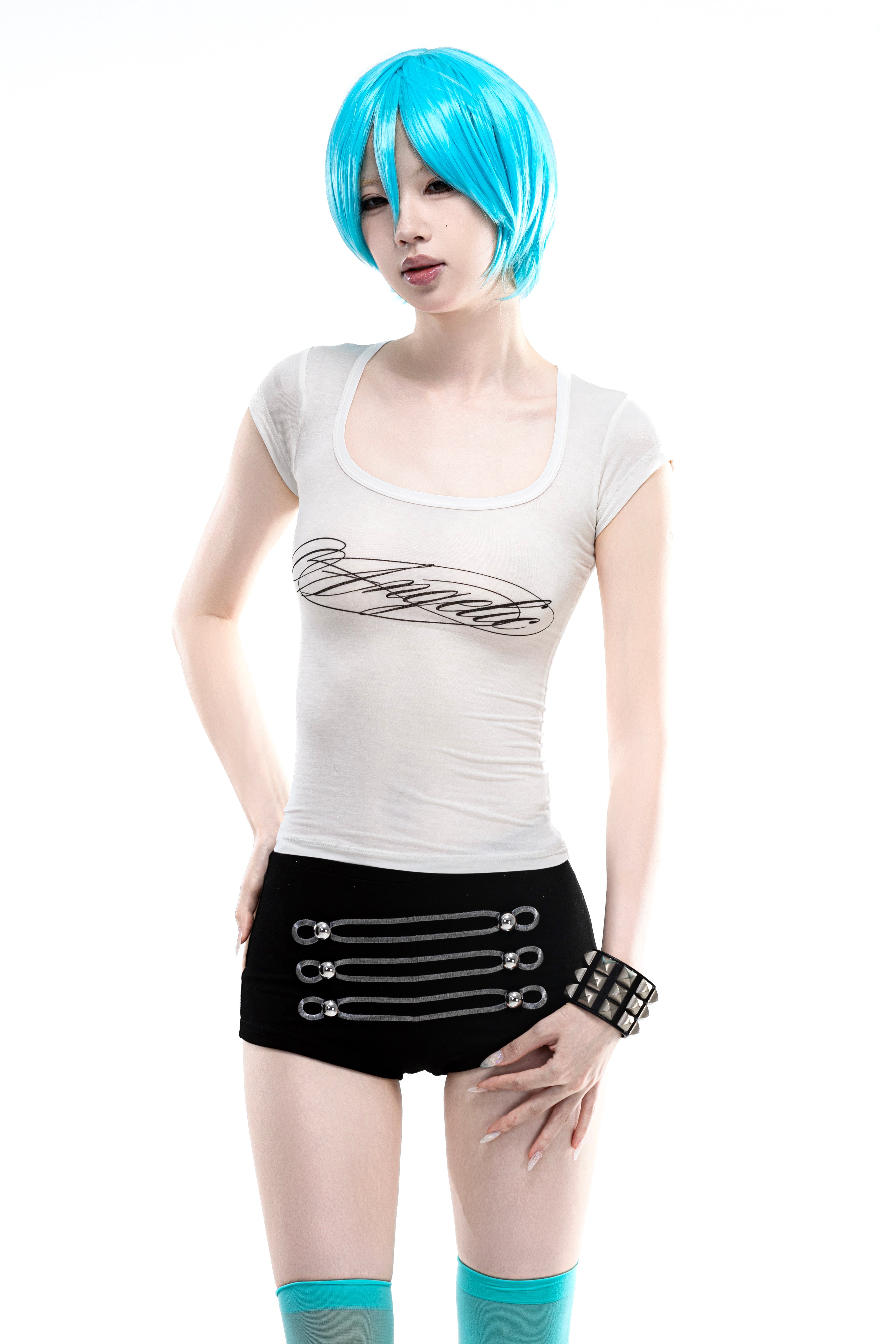 Angel Girl Sheer Fitted Top with Rhinestone Wings, Regular Shoulder, Short Sleeve
