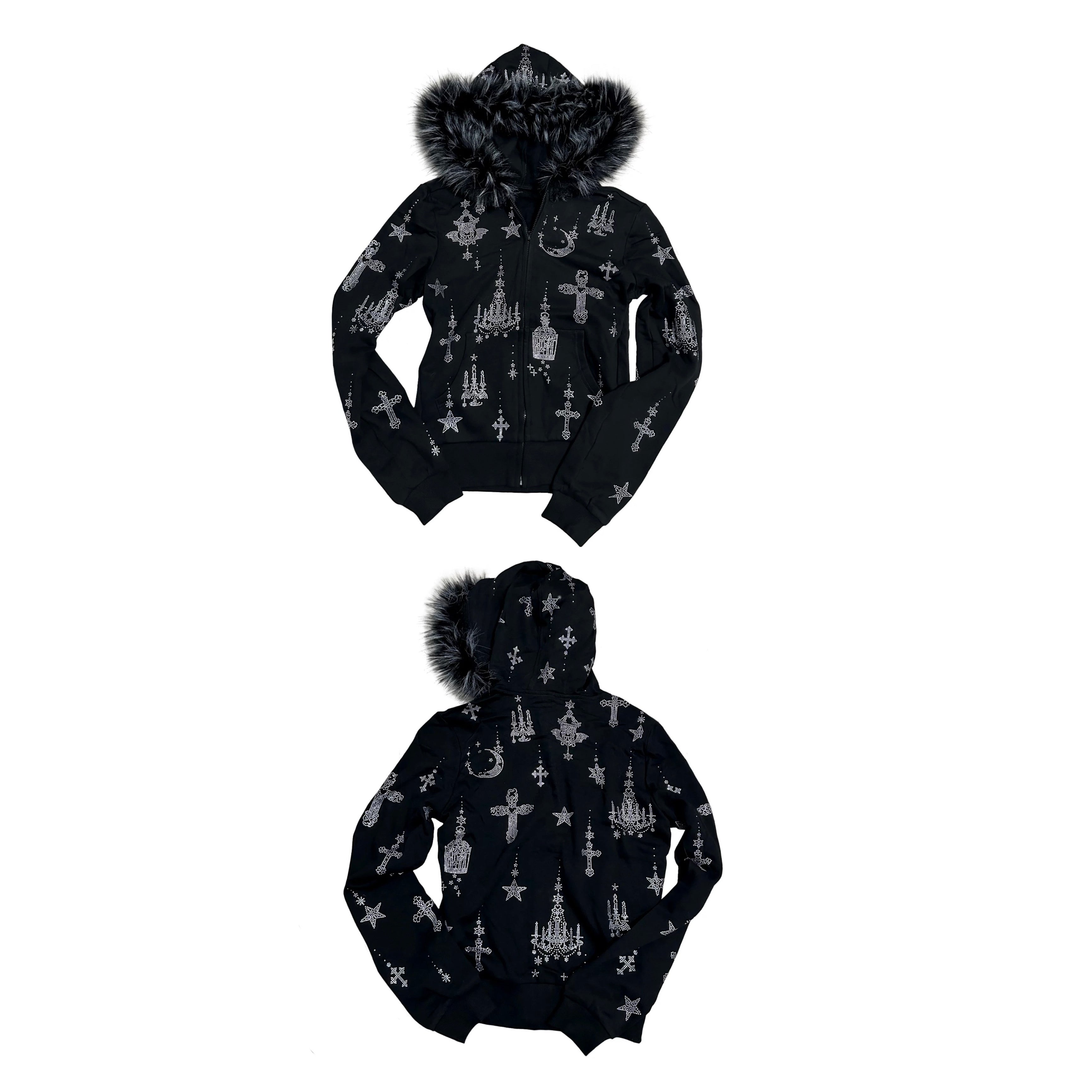 Heavy Rhinestone Fur Collar Slim-Fit Lightweight Hooded Jacket – Unisex