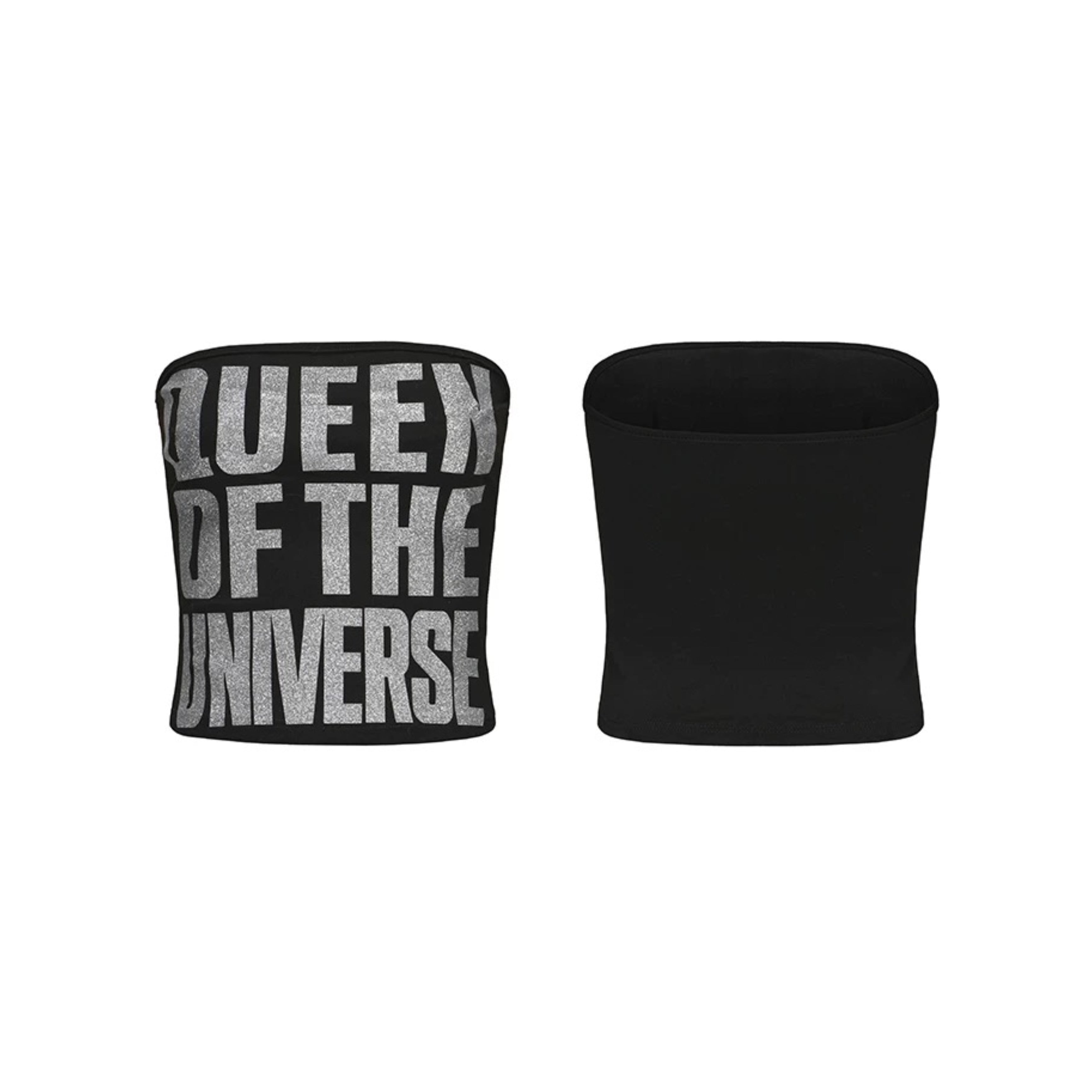 "Queen of the Universe" Slogan Silver Foil Print Slimming Tight Stretchy Tube Top