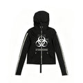 Hooded Rivet Biohazard Radiation Print Cotton Zip-Up Hoodie