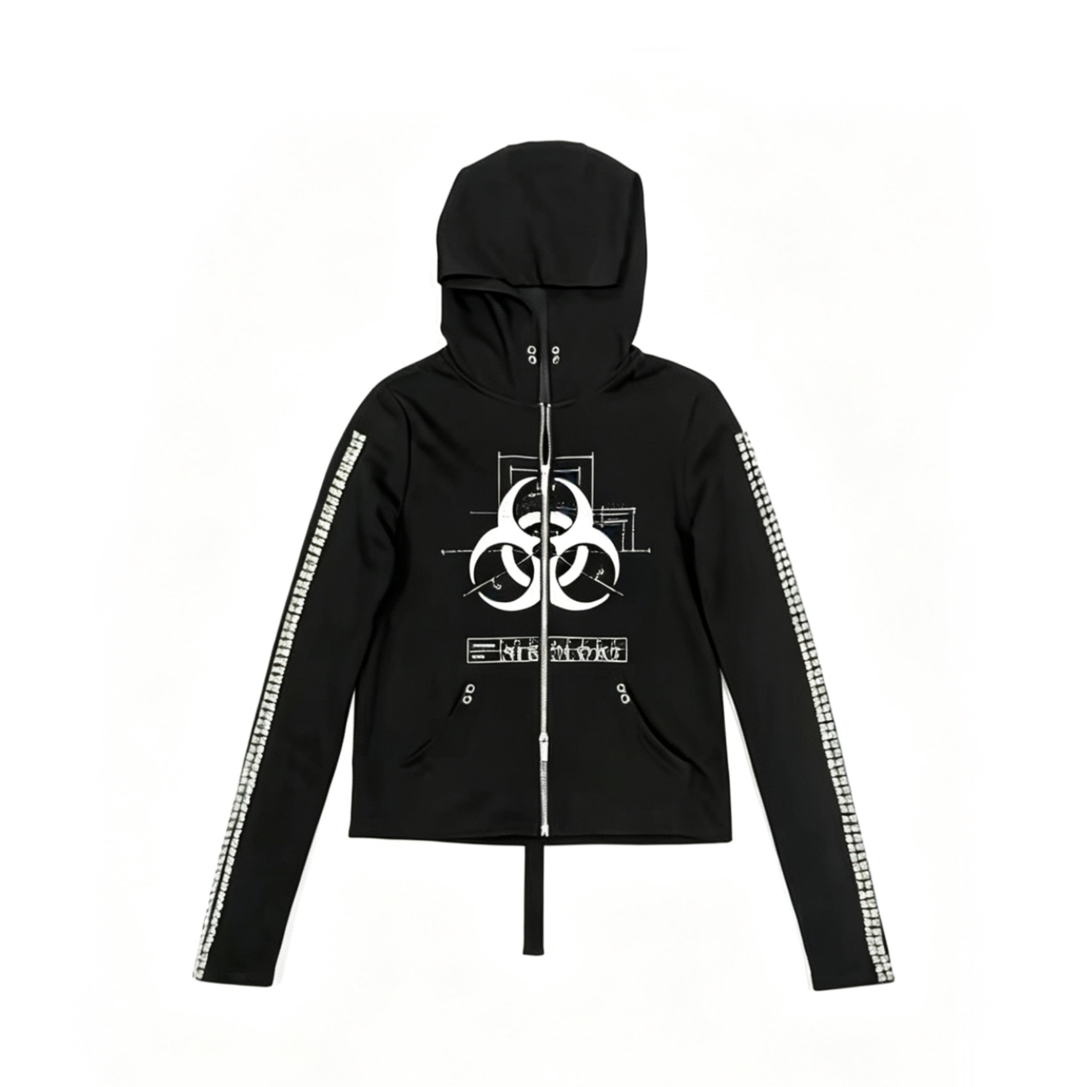 Hooded Rivet Biohazard Radiation Print Cotton Zip-Up Hoodie