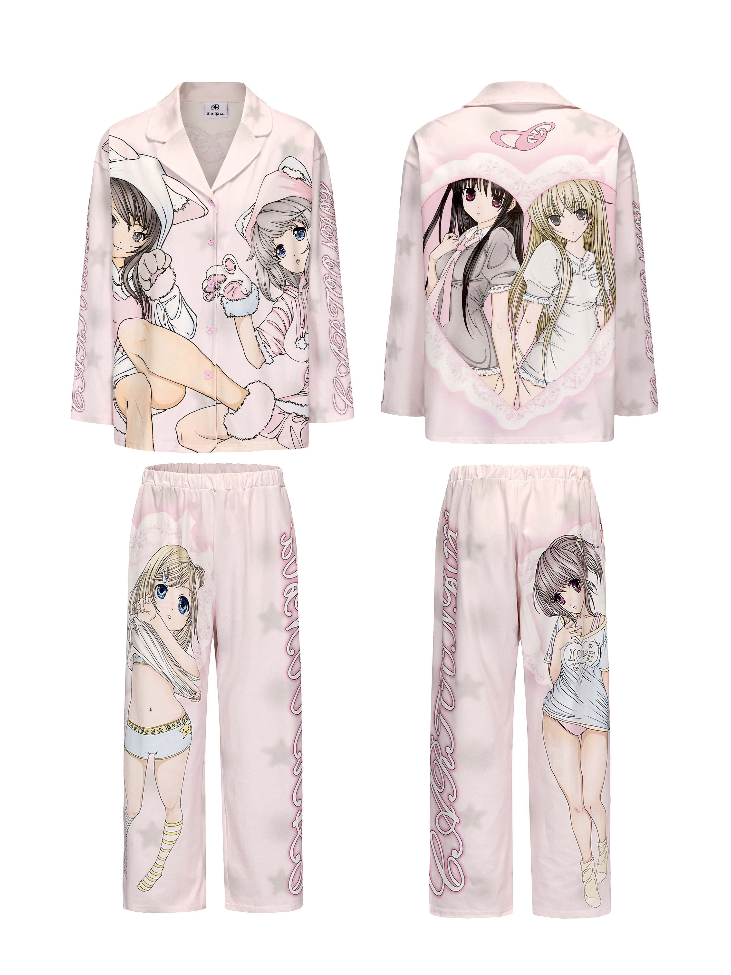 Anime-style all-over print pajama set with five-pointed stars and girl patterns